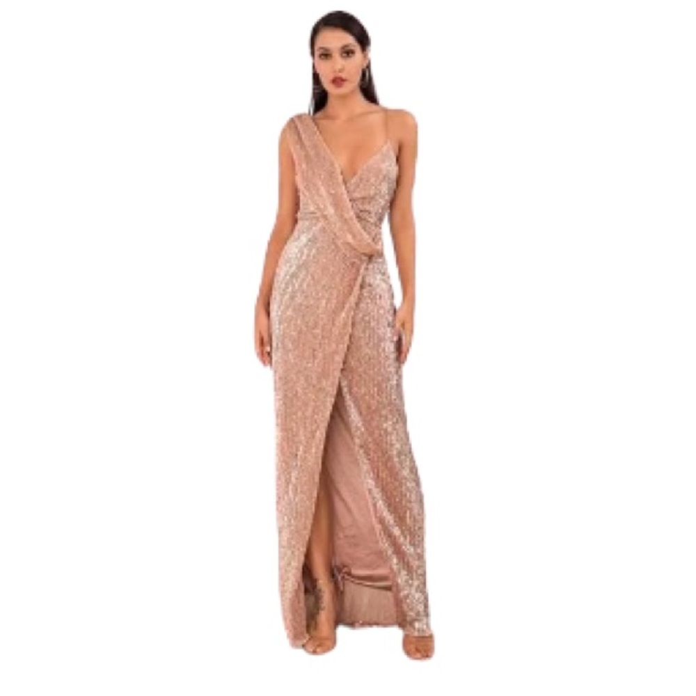 Love & lemonade Shein champagne sequin gown dress, sparkly! New w tags! Size XS